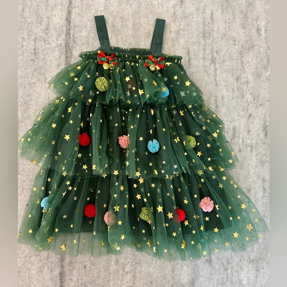 Festive Christmas Tree Costume Dress with Pom-Pom Ornaments